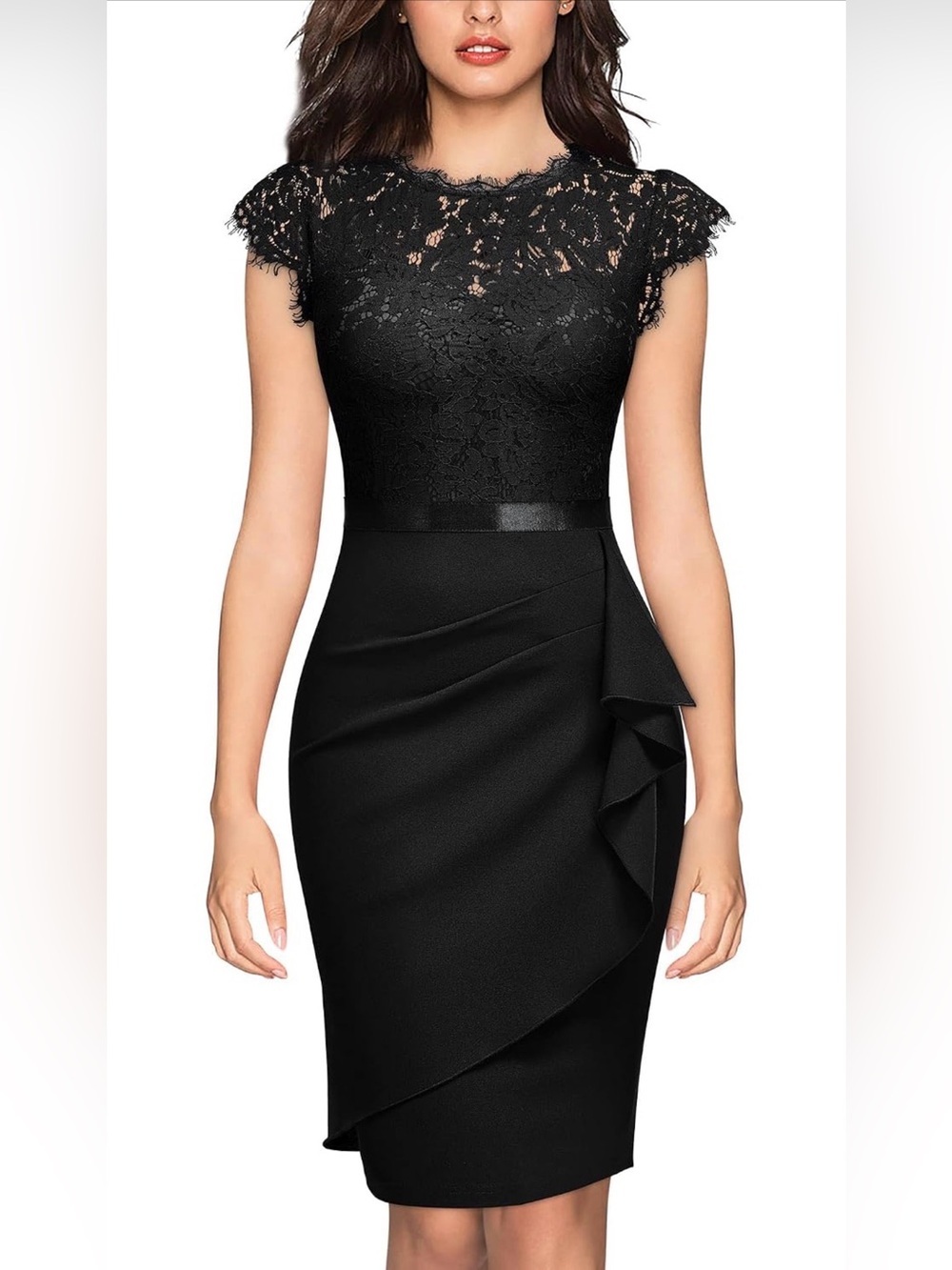 NWT Miusol Black Lace Cap-Sleeve Midi Sheath Dress with Satin Waistband, Medium